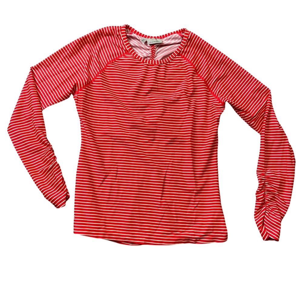 Athleta Medium Red‎ White Stripe Long Sleeve Ruched Sleeve Nylon Blend Top